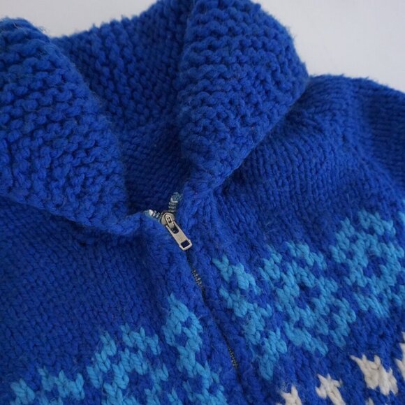 Vintage '70S Blue White Thick Heavyweight Wool Winter Zip Up Cardigan Sweater S - Picture 9 of 9